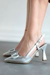 Mida Shoes Y3033 Gümüş Deri Tokalı Kadın Topuklu Ayakkabı