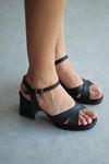 Mida Shoes Y171 Siyah Deri Çapraz Bantlı Kadın Topuklu Ayakkabı